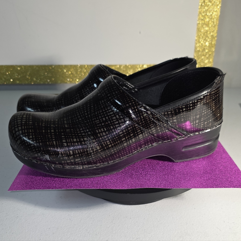 Dansko Shiny Metallic Plaid Black Patent Leather Women's Clogs Size 42